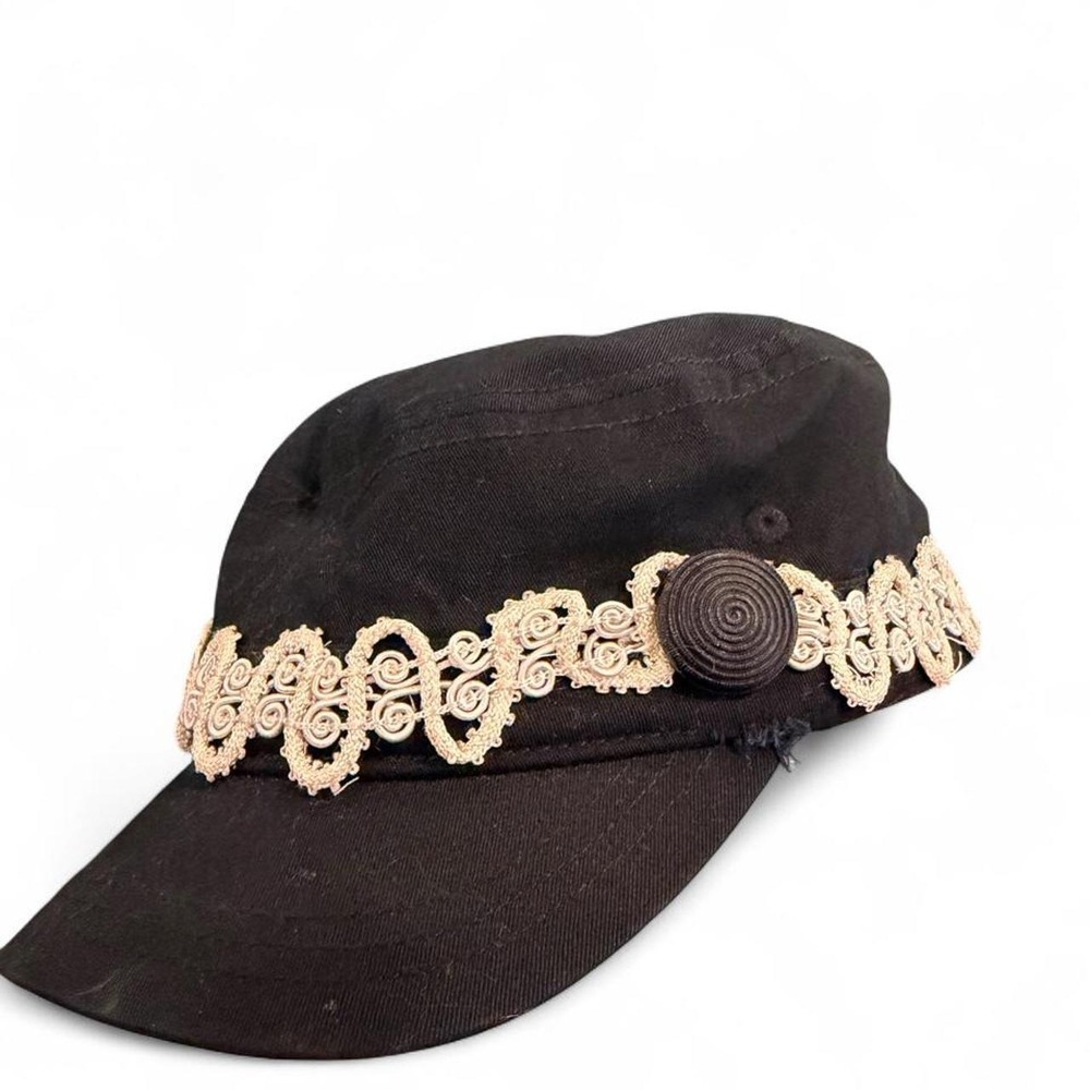 Black Cadet Cap with White Lace Trim and Spiral Button Detail Military Hat